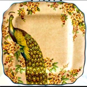 222 FIFTH EMPRESS GARDEN TEAL SQUARE DINNER PLATE 11 INCH NEW PORCELAIN PEACOCK